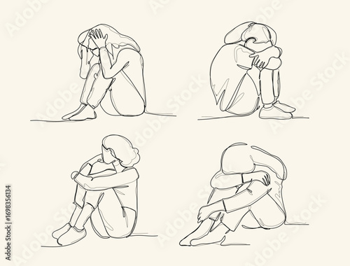 continuous one line art drawing. Sad in problem, anxiety and stress,  Mental health disorder, depression, tired.