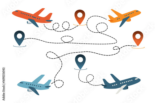 Colorful vector illustration of airplanes and flight paths with matching location markers. Dynamic air travel concept for logistics, aviation, global connectivity, and transportation networks