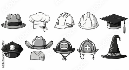 Vector art of collection of various hats representing different professions and roles, including police officer, chef, construction worker, doctor, graduate, cowboy, and witch