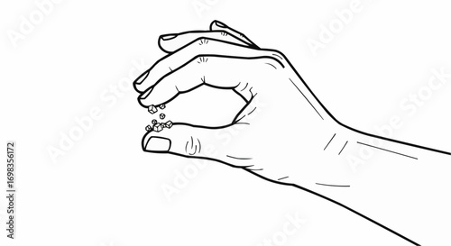 Vector art of closeup of a persons hand delicately sprinkling small granules, possibly salt or pepper, onto a surface, demonstrating precision and seasoning