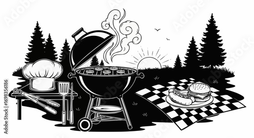 Vector art of outdoor barbecue scene with a grill, chef hat, picnic blanket, burger, and trees, evoking a summer gathering and outdoor cooking