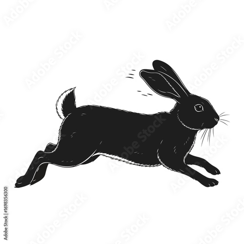 Black rabbit silhouette jumping in motion isolated on white background