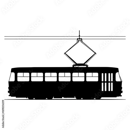Black silhouette of a tram with pantograph isolated on white background