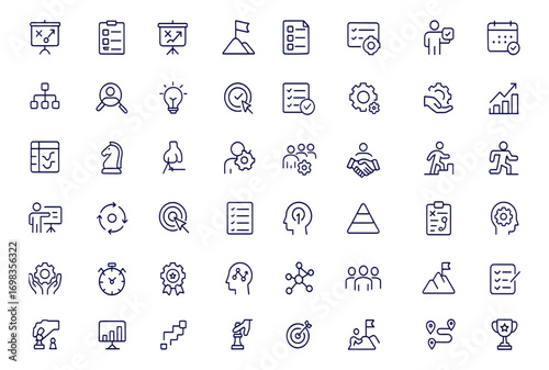 Strategy action planning icons set, linear outline style for business plan, goal, project management, analysis, tasks, implementation, workflow, teamwork, success, career, training, development