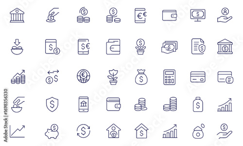 Deposit icon set, linear editable stroke financial icons for bank, savings account, money transfer, payment, investment, wallet, credit, cashflow, business, economy, vector, illustration