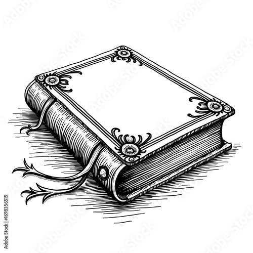 Vintage spell book with ribbon bookmark in black and white for Halloween magic and witchcraft illustrations - Halloween - book - spell - fantasy - vintage - design