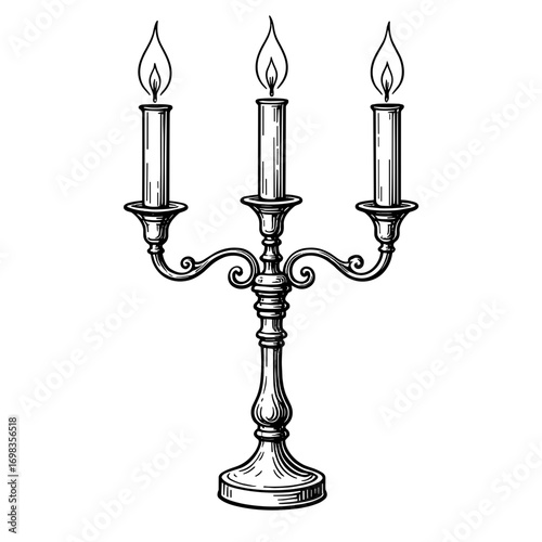 Black and white vintage candelabrum with burning candles for Halloween haunted house and gothic decor concepts - Halloween - candle - haunted - decor - illustration