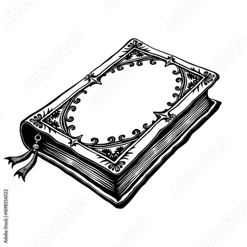 Black and white ornate magic book with blank frame cover for Halloween spellbook and fantasy witchcraft illustrations - Halloween - spellbook - fantasy - decoration - vintage