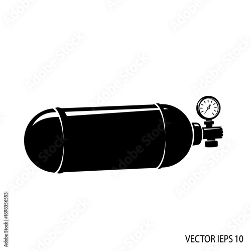 Black silhouette of a scuba diving tank with pressure gauge isolated on white background