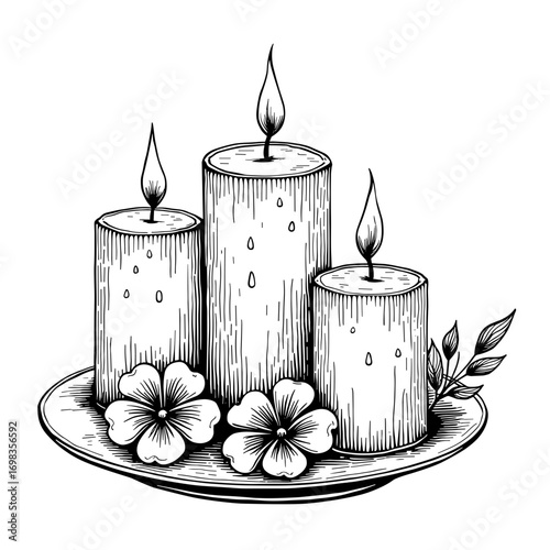 Three candles on a tray with flowers in detailed black and white style perfect for Halloween ritual illustrations and gothic decor - Halloween - candles - gothic - horror - spell