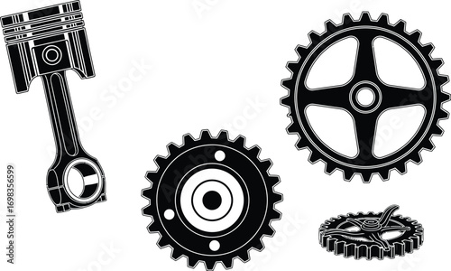 Mechanical components including piston and gears, symbolizing engineering and industry.