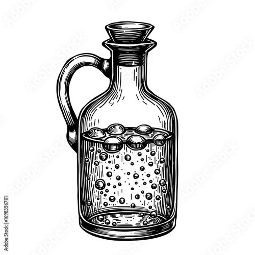 Potion bottle with bubbles in hand drawn vintage black and white style perfect for Halloween magic and witchcraft designs - Halloween - potion - bottle - magic - witchcraft