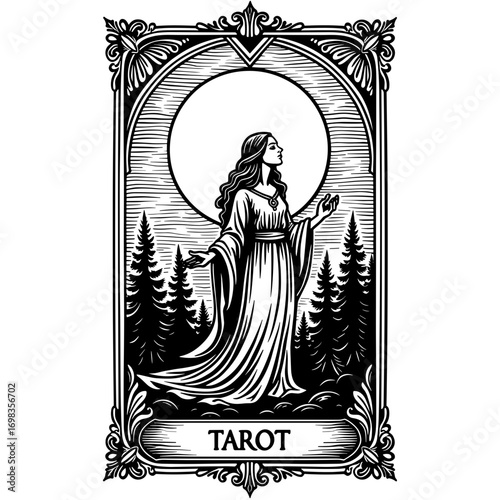 Mystical tarot card with female figure in forest and moon background in vintage black and white style perfect for Halloween witchcraft and divination themes - Halloween occult card