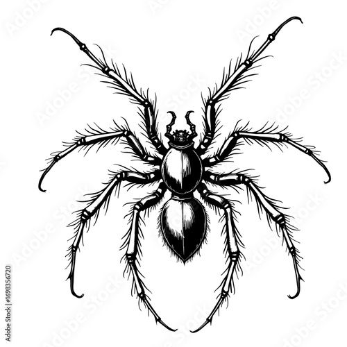 Hairy spider in black and white vintage horror style perfect for Halloween creepy insect and arachnophobia themes - Halloween - spider - horror - insect - creepy - arachnid