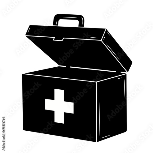 Open first aid kit silhouette isolated on white background