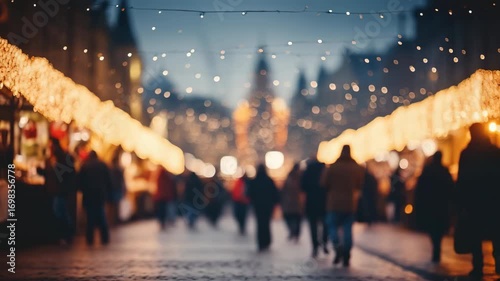 Festive holiday market evening with blurred silhouettes of people walking under warm glowing string lights, cozy seasonal atmosphere, bokeh background, winter celebration in the city center