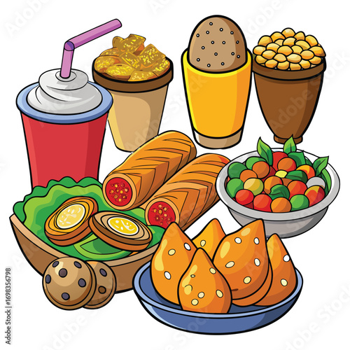 Illustration of cartoon illustration of a variety of delicious and colorful street food isolated on white background