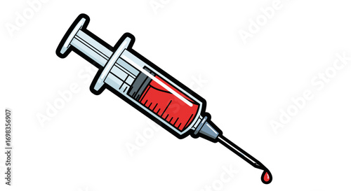 Stylized cartoon illustration of a medical syringe filled with red blood and a single droplet.