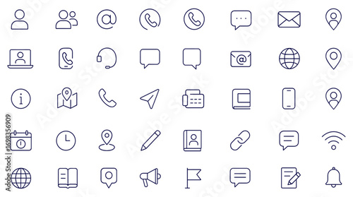 Contact icon set, editable stroke thin line communication symbols, social media network icons, digital connection, online support, message, email, phone, chat, vector illustration, business service