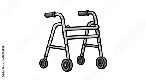 A simple modern four-wheeled walker with handgrips and wheels.