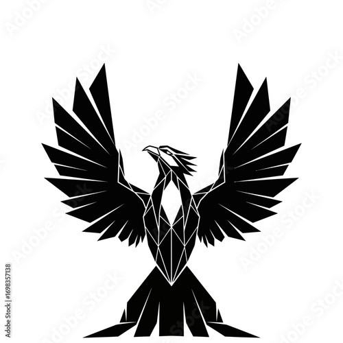 Geometric phoenix silhouette with wings spread isolated on white background