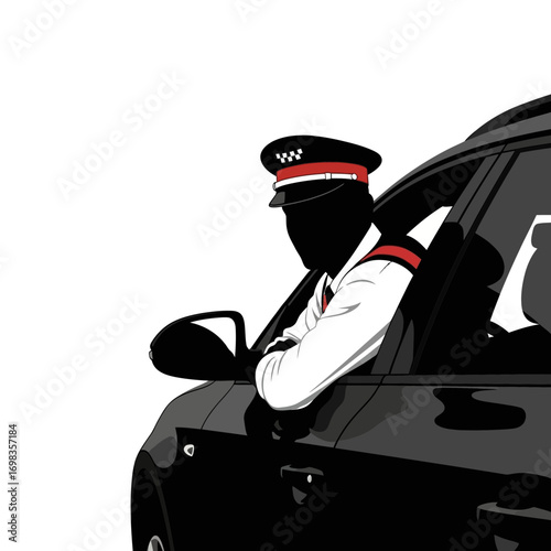 Taxi driver silhouette leaning on car door isolated on white background silhouette