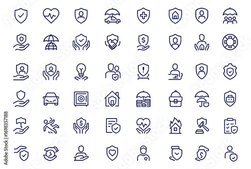 Insurance icons set, web and mobile app line style vector illustration, protection for health, life, car, home, travel, property, safety coverage, finance, risk, family, security, business, accident