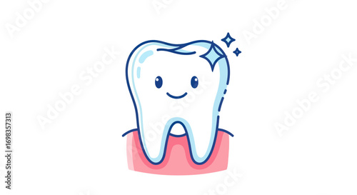 Cute happy sparkling cartoon tooth illustration in pink gums.