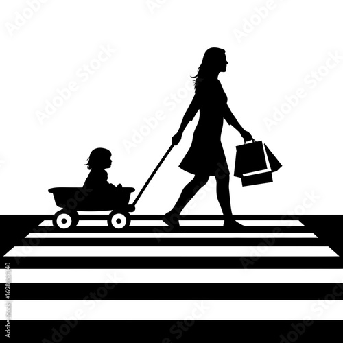 Mother pulling child in wagon with shopping bags silhouette isolated on white background