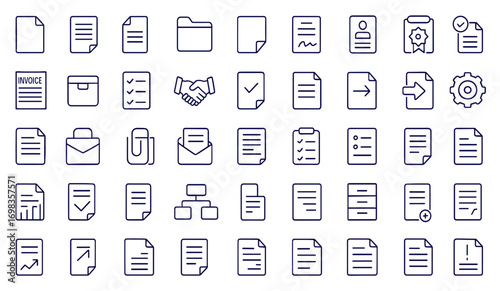 Document icon set, file, paper, contract, folder, certificate, clipboard, invoice, archive, business, checklist, agreement, approval, office, report, workflow, linear outline vector illustration