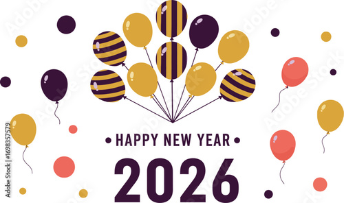 Festive balloons and sparkling confetti celebrate the arrival of the New Year 2026 with joy and anticipation.