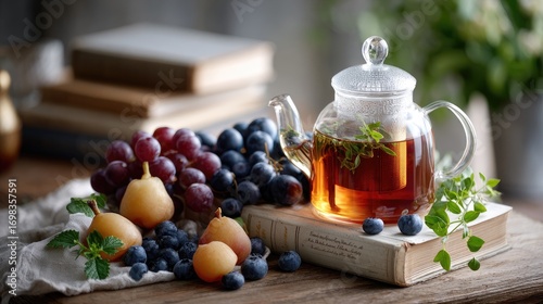 A glass teapot filled with tea rests on an old book, surrounded by fresh fruits, inviting a comforting tea-drinking moment