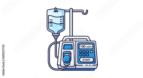 Medical infusion pump with an intravenous IV drip bag and stand cartoon vector illustration.