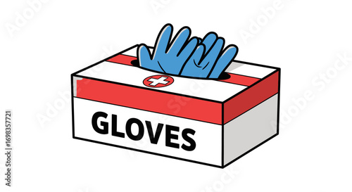 Box of Blue Disposable Medical Gloves with Red Cross Symbol.