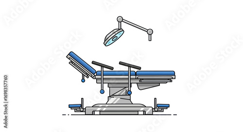 Adjustable blue surgical operating table and overhead medical lamp illustration.