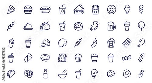 Fast Food Line Style Icon Set, Linear Web Collection with Editable Stroke, Pizza, Burger, Hotdog, Coffee, Sandwich, Fries, Donut, Ice Cream, Kabab, Restaurant Meal Vector Illustration, Street Food
