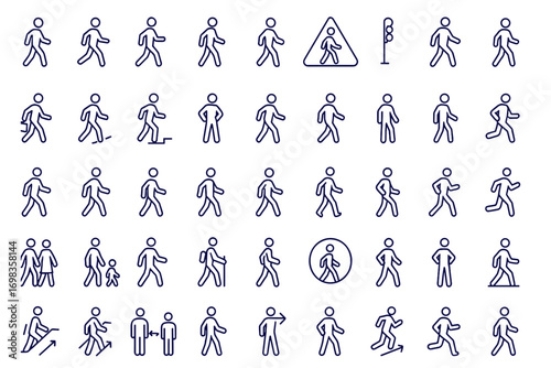 Person icon set, human silhouette figure illustration, walking, running, standing, motion, activity, exercise, fitness, lifestyle, pedestrian, city, street, transport, safety, pathway, journey