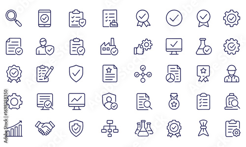 Quality Control Icons Set, Line Style Vector Illustration, Inspection, Testing, Evaluation, Assurance, Certification, Compliance, Production, Business Process, Audit, Safety Standards,