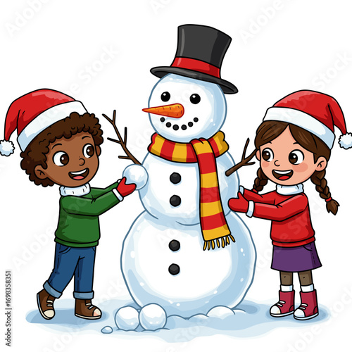 Happy children building a snowman illustration for holiday cards and winter promotions