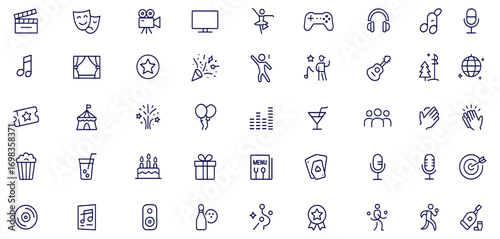 Entertainment lifestyle icon set, line style for cinema, theater, video, dance, game, music, concert, party, festival, nightlife, movie, performance, vector illustration, UI design, digital apps