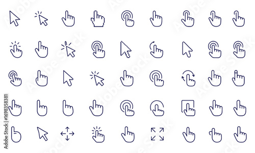 Cursor Icon Set, Hand Pointer Symbol, Mouse Click Arrow, Pixel Finger, Computer Pointer, Touchscreen Selection, UI Design Vector Illustration, Digital Interface Technology, Web Communication Graphic