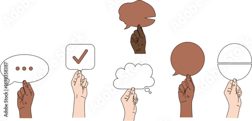 Diverse hands hold speech bubbles representing communication and ideas