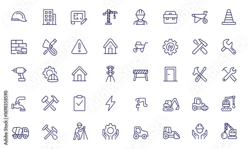 Construction, Building, Architecture, Engineering Icon Set, Thin Line Vector Illustration for Repair, Industry, Project Design, Safety, Tools, Blueprint, Contractor, Worksite, Equipment