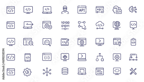 Coding, programming, software development, API, developer, coder, line style web icons set for mobile and web apps, computer, code, algorithm, network, digital, IT, interface, outline vector