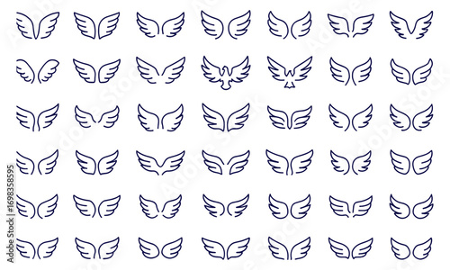 Wings icon set, black bird wings, angel wings vector illustration, feathered wing shapes, eagle hawk dove phoenix flight, flying freedom silhouette, abstract graphic design, modern minimal emblem