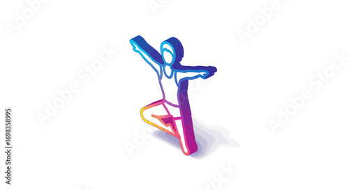 Colorful Yoga Pose Illustration: Figure in Tree Pose with Arms Extended.