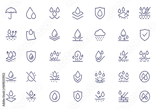 Waterproof icon set, water resistant symbols, liquid proof protection, hydrophobic surface, anti-wetting material, shield with water drop, rainproof fabric, outdoor safety vector illustration