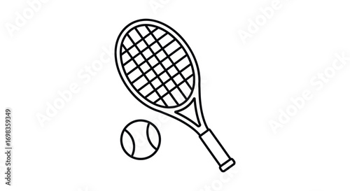 Black and White Line Drawing of Tennis Racket and Ball.