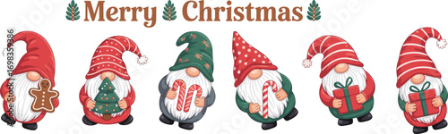 Cute Christmas gnomes holding gifts, festive holiday decorations, Merry Christmas text, winter celebration characters, Scandinavian gnomes, cartoon illustration, red hats, seasonal design
