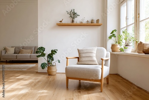 Modern living space with sofa armchair window and simple wooden flooring